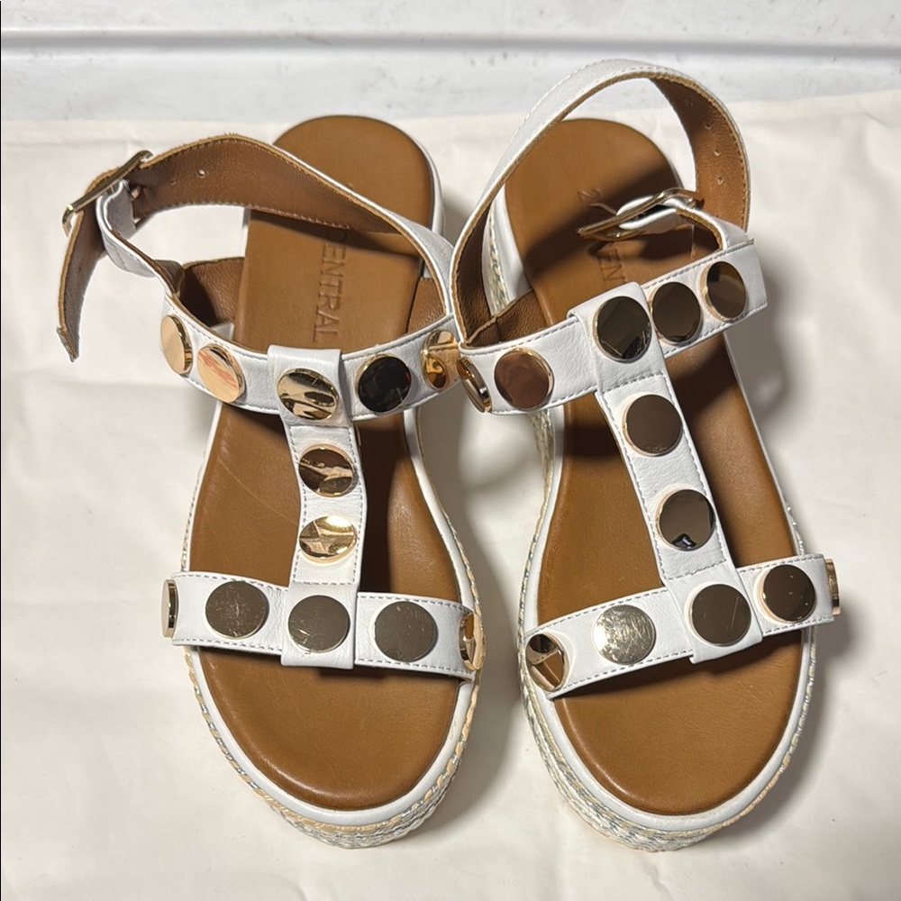 Elegant White and Gold Studded Sandals